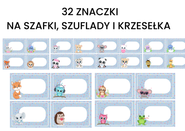 Znaczki do szafki, na półki czy szuflady słodkie zwierzątka - 32 sztuki 14,1 cm na 9,3 cm. 4 na A4