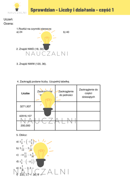 Klasa 6 Liczby i działania - sprawdzian