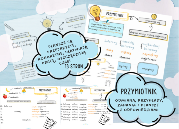 Przymiotnik- odmiana, zadania, plansze z rozwiązaniami