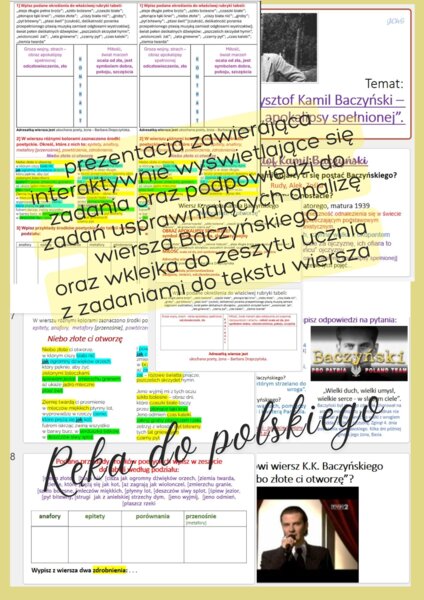 Prezentacja z zadaniami do analizy wiersza NIEBO ZŁOTE CI OTWORZĘ K.K. Baczyńskiego oraz wklejka graficzna do zeszytu