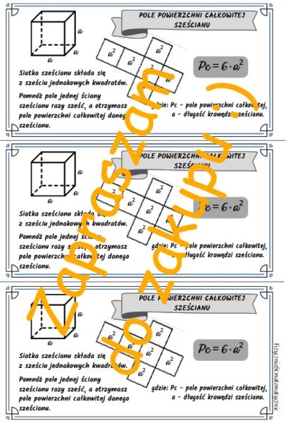 Pole powierzchni całkowitej sześcianu - wklejka do zeszytu dla ucznia
