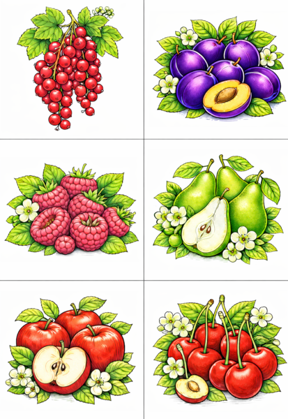 Polskie owoce – kolorowanki (6 kart) + 2 karty miniatur (PDF); Dzień Owoców; karty pracy