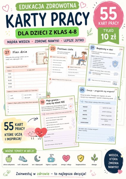 🌿EDUKACJA ZDROWOTNA – 55 KART PRACY dla klas 4-8🌿