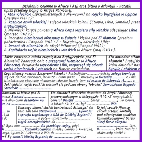Działania wojenne w Afryce i Azji oraz bitwa o Atlantyk – notatki i karta pracy