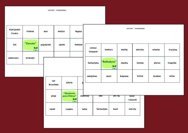 LEKTURY - klasy 4-8 - skojarzenia - fiszki - układanka - egzamin - powtórka - 19 str.