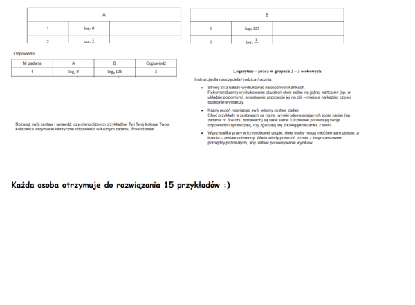 Logarytmy - praca w 2 - 3 osobowych grupach