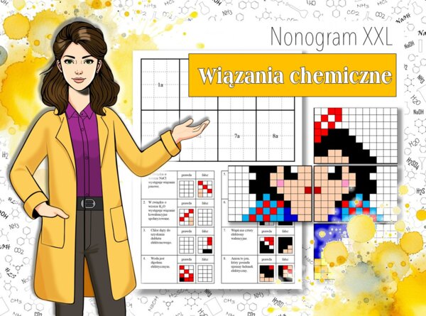 Klasa 7. Chemia. Wiązania chemiczne. Powtórzenie. Kolorowanka chemiczna. Nonogram w formacie XXL. Karta pracy. Zadanie. Praca grupowa. Powtórzenie wiadomości. MOC powtórki.