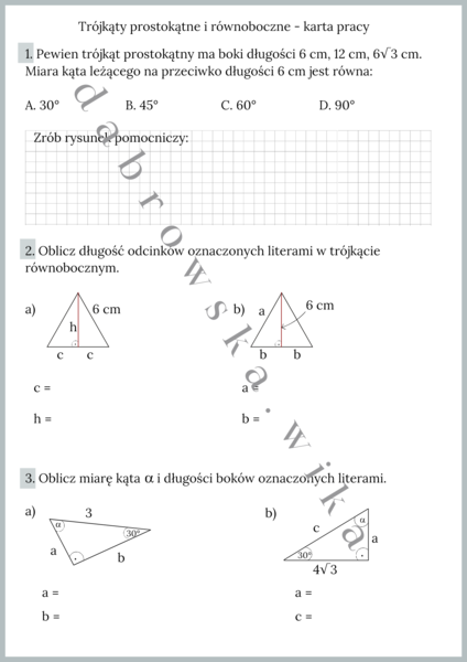 Trójkąty prostokątne i równoboczne - karta pracy