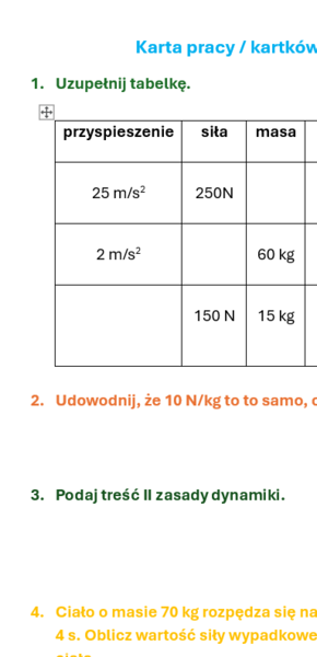Karta pracy/ kartkówka - II zasada dynamiki
