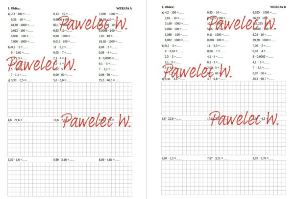 Mnożenie ułamków dziesiętnych - sprawdzian, karta pracy, praca domowa, kl. 6, 7 - 2 grupy/wersje + odpowiedzi