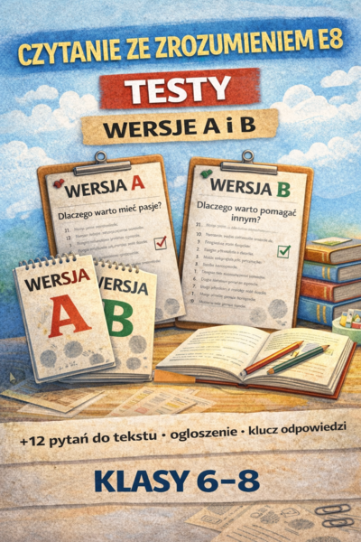 Czytanie ze zrozumieniem E8 – testy/sprawdziany (wersja A i B + odpowiedzi, kl. 6–8)
