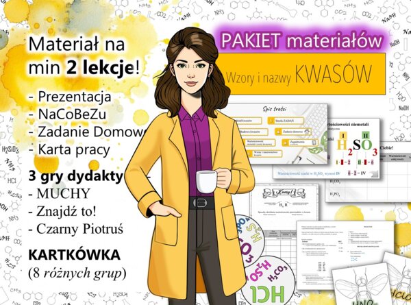 ZESTAW materiałów do ciekawej lekcji chemii w kl 8: kwasy, wzory i nazewnictwo. Prezentacja. Karta pracy. Gry dydaktyczna. Kartkówka.