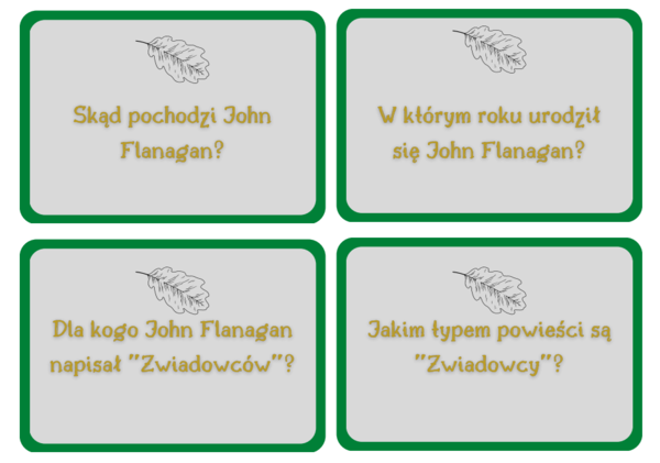 Karty z pytaniami dotyczącymi powieści "Ruiny Gorlanu" z serii Zwiadowcy.