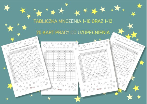 Tabliczka mnożenia 1-10 oraz 1-12, do uzupełniania pustych pól-zestaw. Dzień tabliczki mnożenia, nauka, powtórka
