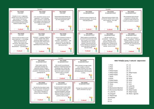 "MAŁY KSIĄŻĘ" - cytaty - powtórka - egzamin - gra 5 SEKUND + odpowiedzi