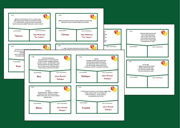 CZYJE TO SŁOWA? – 72 cytaty – LEKTURY OBOWIĄZKOWE – egzamin – kl.7-8 – fiszki + ODPOWIEDZI – powtórka