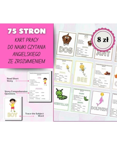 Karty Pracy do nauki czytania w języku angielskim ze zrozumieniem! 75 stron
