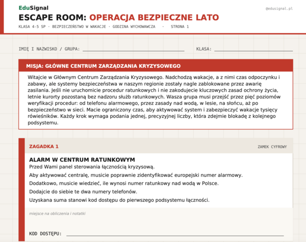 Escape Room: Operacja Bezpieczne Lato — gotowa godzina wychowawcza przed wakacjami (klasa 4-5)