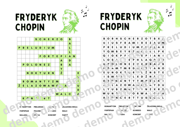 Muzyka, klasa 4-5 Fryderyk Chopin. Karta pracy: wykreślanka.