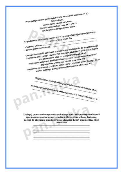 Pan Tadeusz - arkusz zadaniowy