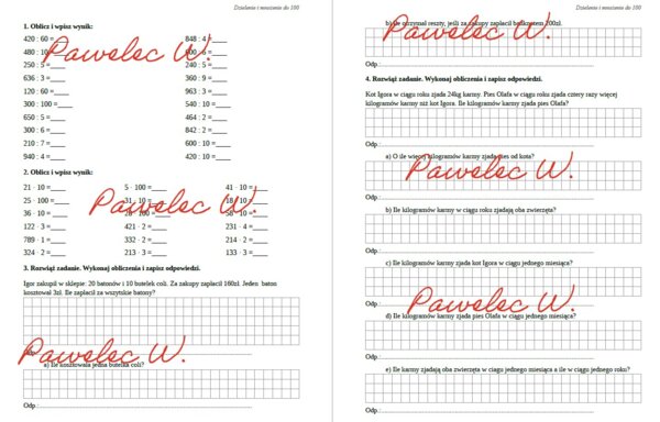Dzielenie i mnożenie w zakresie 100 - karta pracy, sprawdzian, przykłady + zadania tekstowe - kl. 3, kl. 4