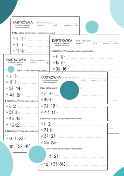 Kartkówka - mnożenie i dzielenie ułamków zwykłych. Klasa 5