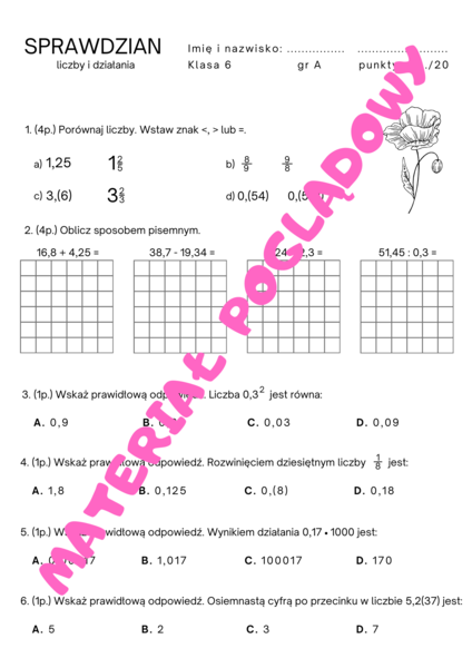 Sprawdzian. Liczby i działania. Klasa 6. GWO
