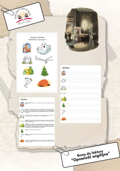 Ikony (obrazki, symbole) + odpowiedzi "Opowieść wigilijna" Charles Dickens, język polski, egzamin ósmoklasisty, lektura obowiązkowa klasa 7-8