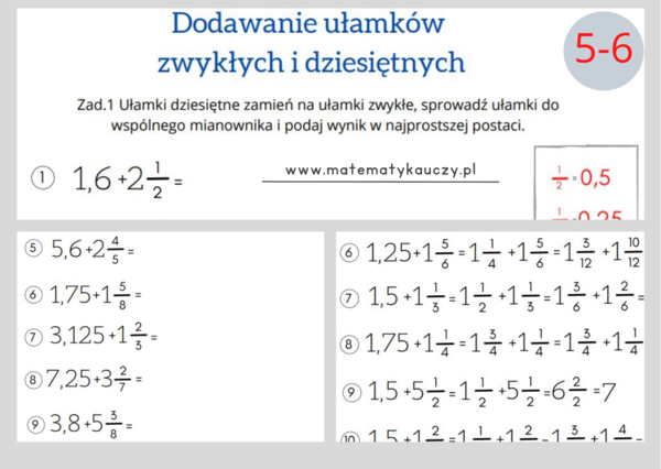 Dodawanie ułamków zwykłych i dziesiętnych / KARTY PRACY kl.5 – kl.6 PDF + ROZWIĄZANIA