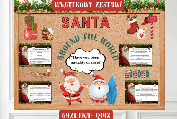 🎅Gazetka językowa Santa Around the World+ quiz| Wyjątkowa edukacyjna dekoracja klasy lub korytarza🎅
