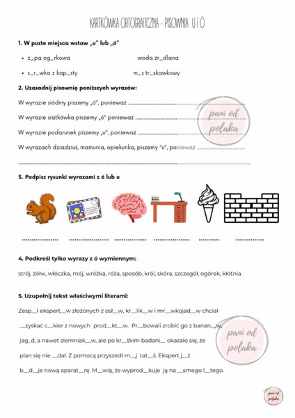 Kartkówka ortograficzna - ó i u, klasa 4