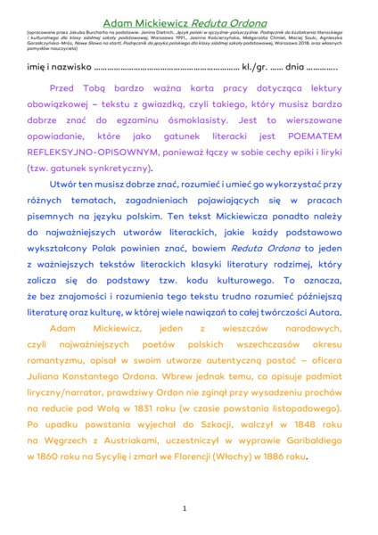"Reduta Ordona" Adama Mickiewicza, karta pracy