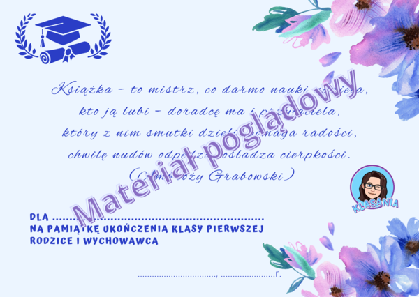 Wkładka do książki na zakończenie roku szkolnego- 1-8. Wzór 2 Bez logo