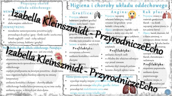 Sketchnotka - notatka „Higiena i choroby układu oddechowego” wykonana w power point do edycji. Biologia 7; „Układ oddechowy”