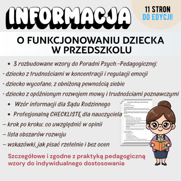 INFORMACJA O FUNKCJONOWANIU DZIECKA W PRZEDSZKOLU Komplet gotowych wzorów + checklista dla nauczyciela