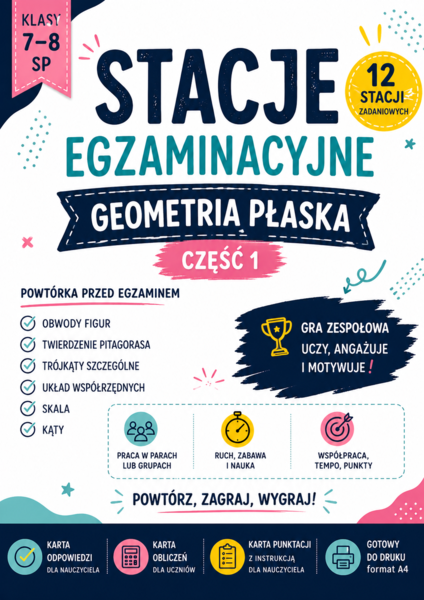 Stacje egzaminacyjne – geometria płaska | sztafeta matematyczna (cz. 1) – obwody, Pitagoras, trójkąty szczególne, układ współrzędnych, skala, kąty (kl. 7–8)