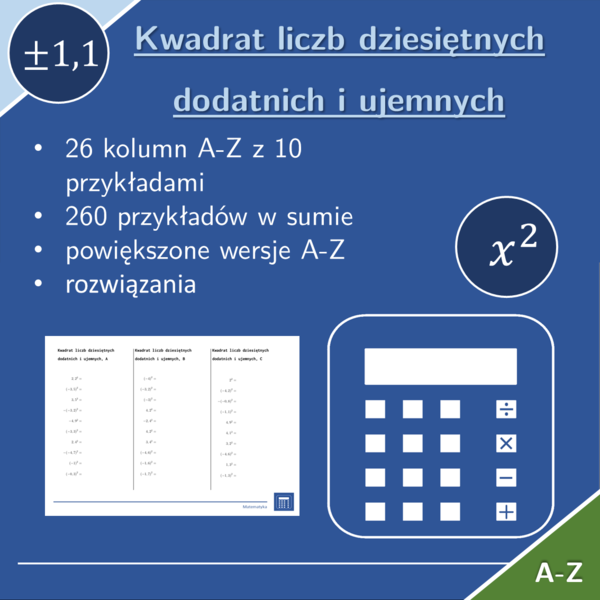 Kwadrat liczb dziesiętnych dodatnich i ujemnych | matematyka | 26 kolumn