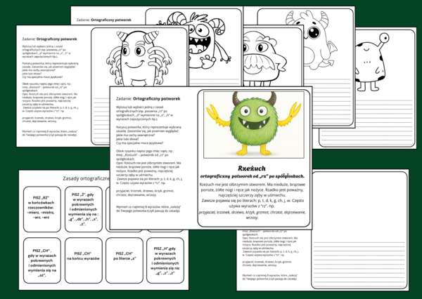 ORTOGRAFICZNY POTWOREK - karty pracy - karta pracy - zasady ortograficzne - ORTOGRAFIA - ćwiczenia redakcyjne - opis - 21 szt.