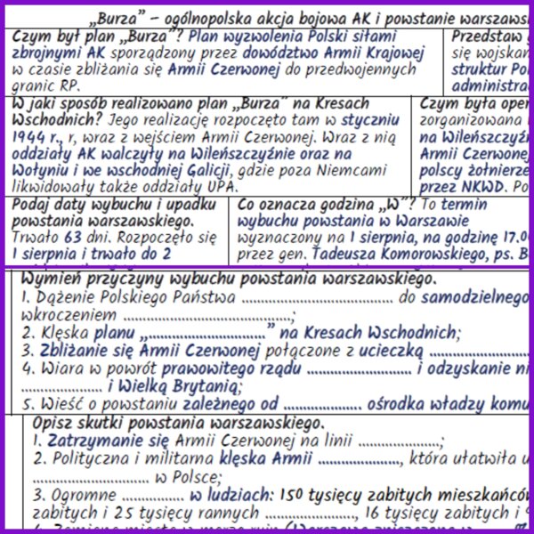 ,,Burza” – ogólnopolska akcja bojowa AK i powstanie warszawskie: notatki i karta pracy