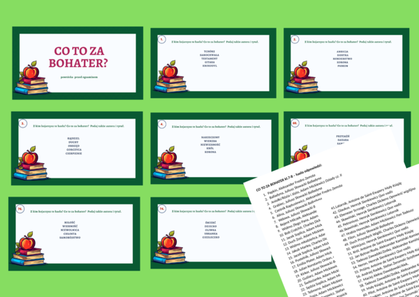 CO TO ZA BOHATER? – hasła - prezentacja – 78 slajdów - lektury kl. 7-8 – egzamin- powtórka + ODPOWIEDZI