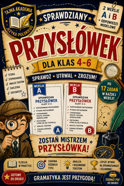 Przysłówek – sprawdziany kl. 4–6 | wersja A i B  + odpowiedzi modelowe