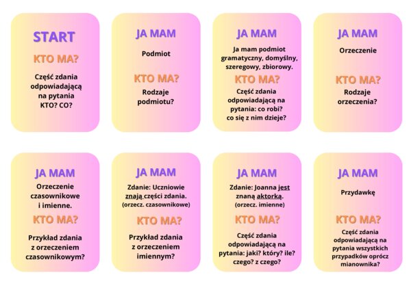 Części zdania- gra w domino (wersja kolorystyczna) #części zdania #powtórka #powtórzenie materiału
