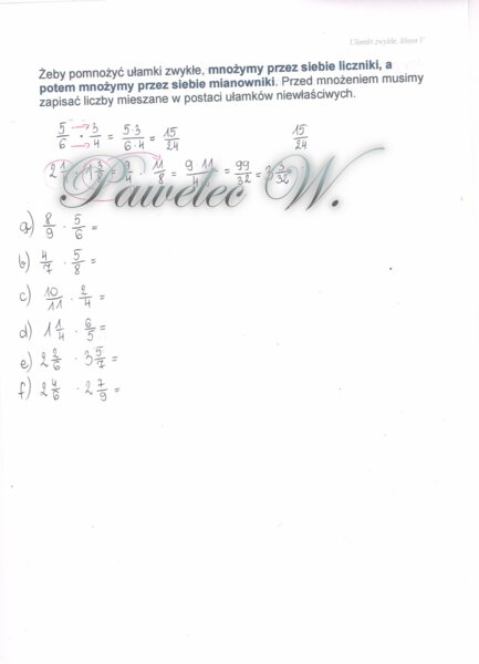 Mnożenie ułamków zwykłych - plakat z wyjaśnieniem i przykładami