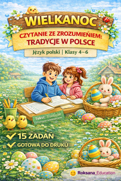 📚🐣 Wielkanoc – czytanie ze zrozumieniem: Tradycje w Polsce | język polski | klasy 4–6 (15 zadań)
