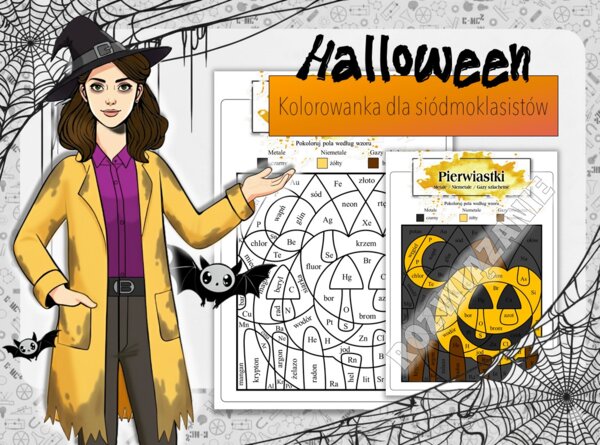 Klasa 7. Chemia. Praca z układem okresowym. Halloween. Chemiczna kolorowanka. Karta pracy. Zadanie.