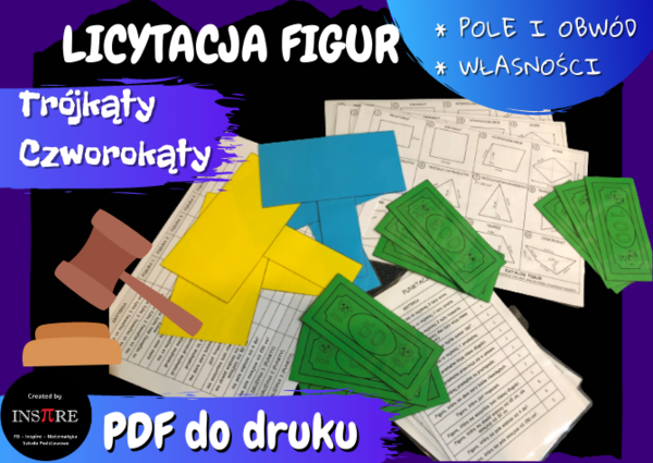 LICYTACJA FIGUR - Trójkąty i Czworokąty. Pole, obwód, własności. GRA POWTÓRZENIOWA. kl. 5-8