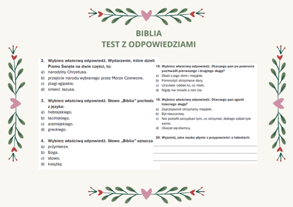BIBLIA - test z odpowiedziami (szkoła podstawowa)
