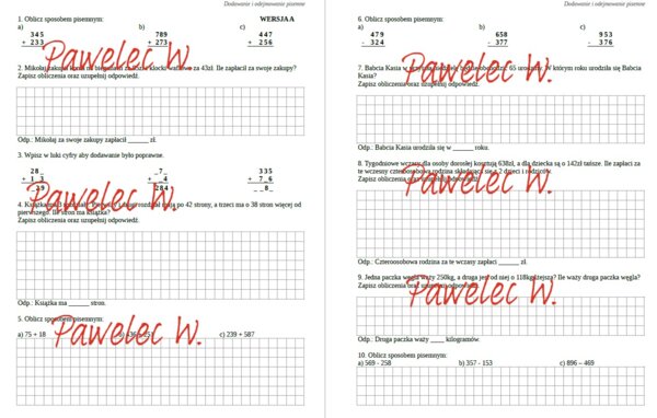 DODAWANIE I ODEJMOWANIE PISEMNE - sprawdzian, karta pracy, kl. 4 /2 grupy/ działania i zadania tekstowe