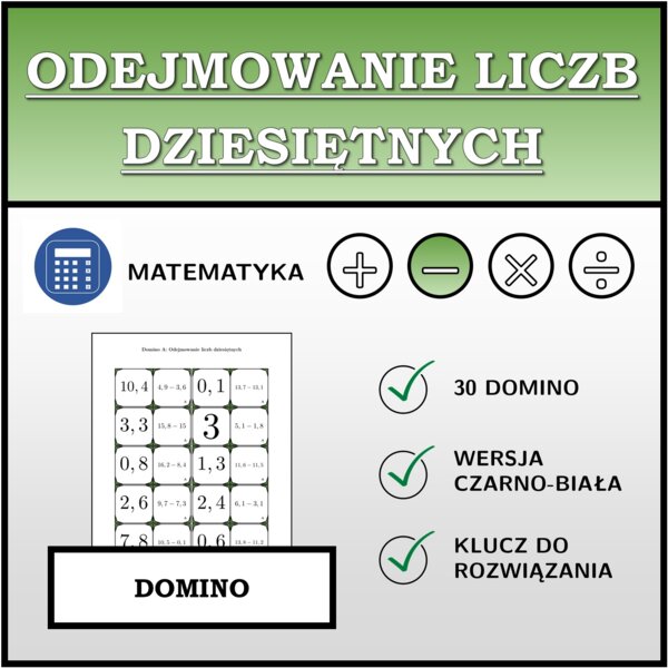 Domino - Odejmowanie liczb dziesiętnych | matematyka