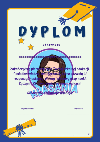 Dyplomy ukończenia oddziału przedszkolnego, klas 1-3 oraz podziękowania.